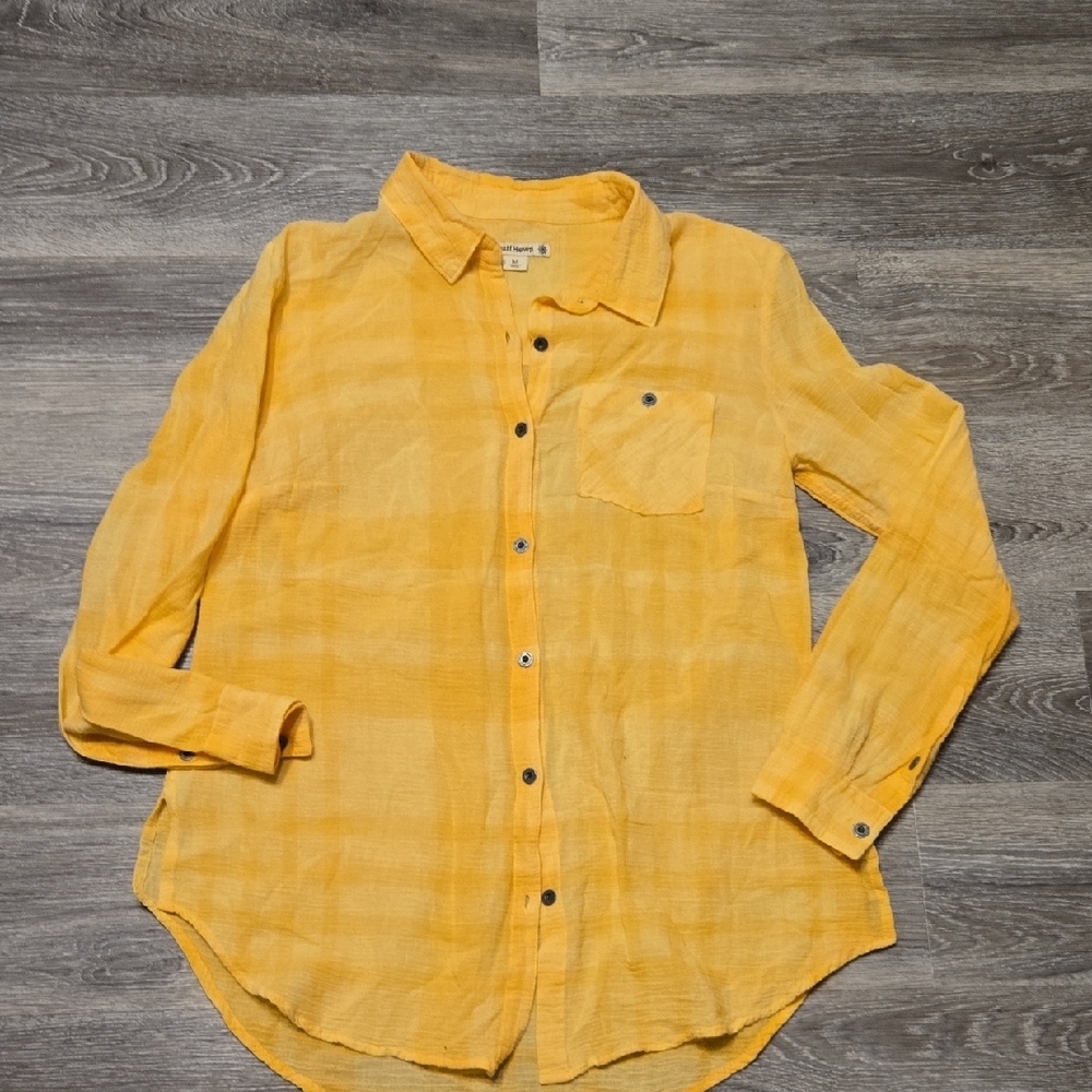RuffHewn Yellow Cotton Gauze Plaid Top Sz M